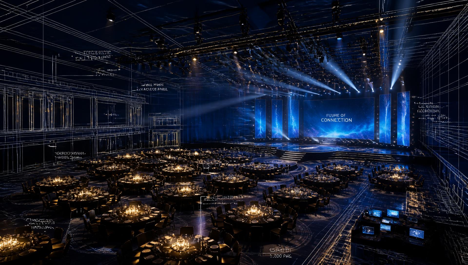 Cinematic digital twin of a convention centre hall configured for a gala dinner